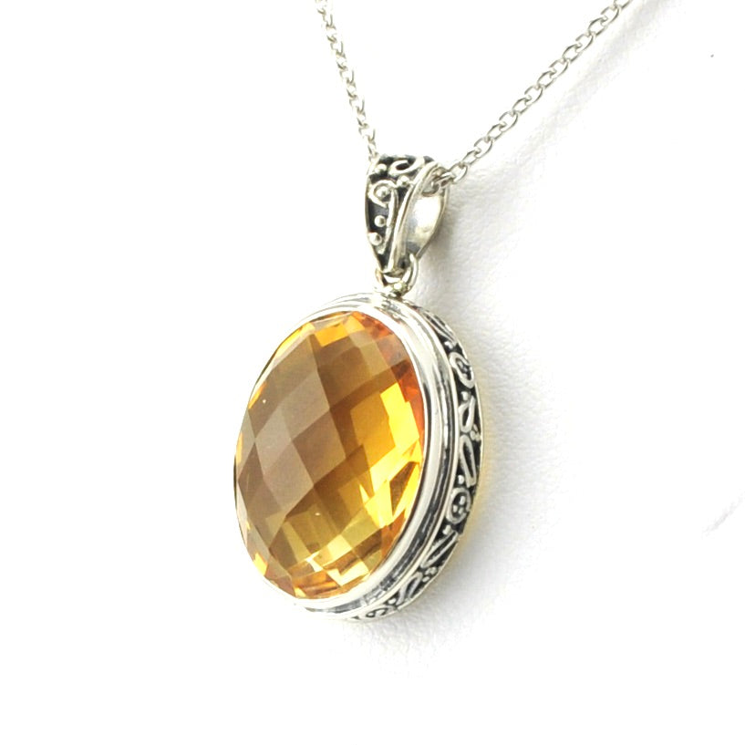 Side View Sterling Silver Citrine 12x16mm Oval Bali Necklace