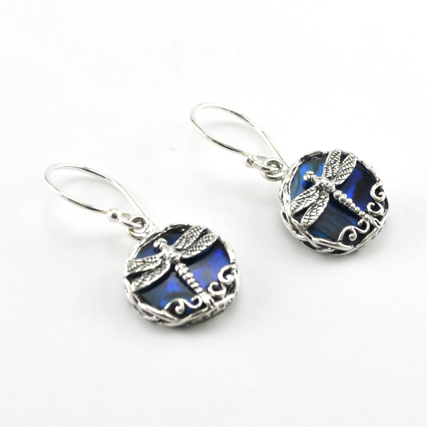 Sterling Silver Blue Abalone Dragonfly Round Earrings
