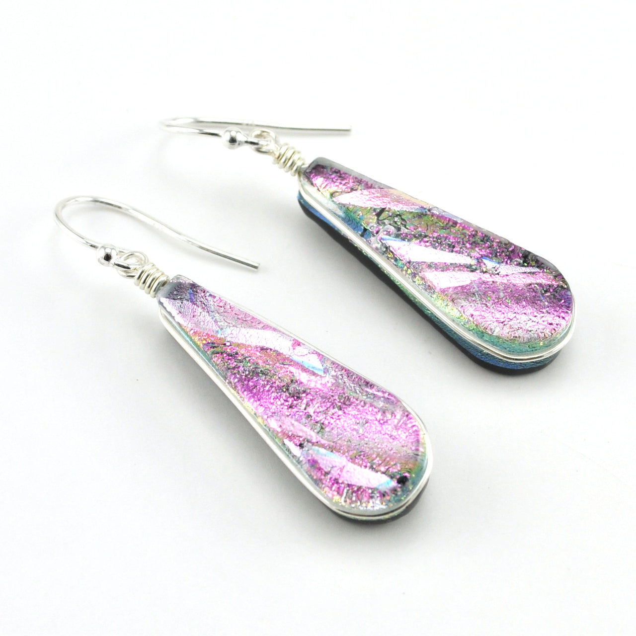 Sterling Silver Dichroic Glass Pink Teardrop Dangle Earrings