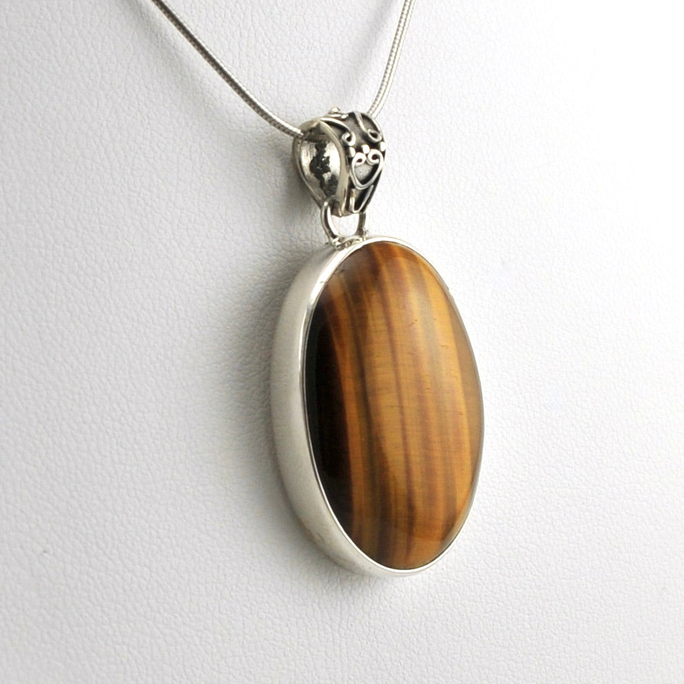 Side View Sterling Silver Tiger's Eye 18x26mm Oval Pendant