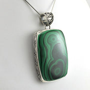 Side View Sterling Silver Malachite 33x46mm Rectangle Bali Pendant