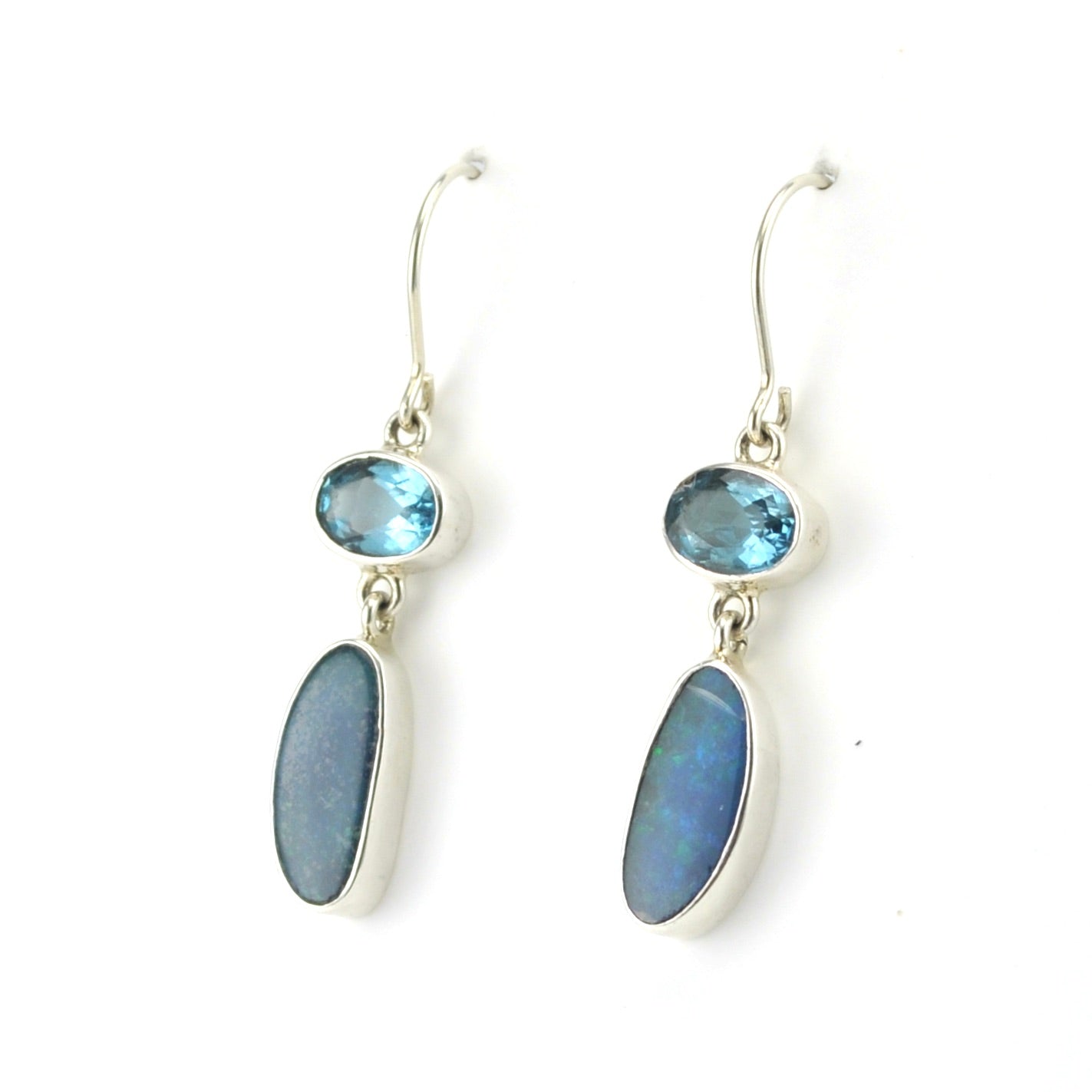 Side View Sterling Silver Blue Topaz Opal Dangle Earrings