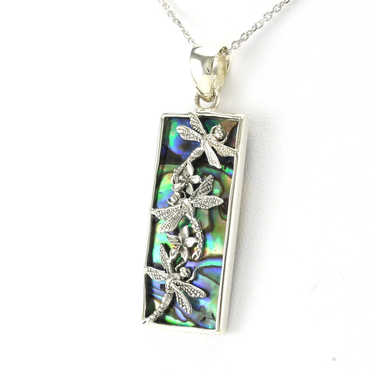 Side View Sterling Silver Abalone 3 Dragonfly Rectangle Necklace