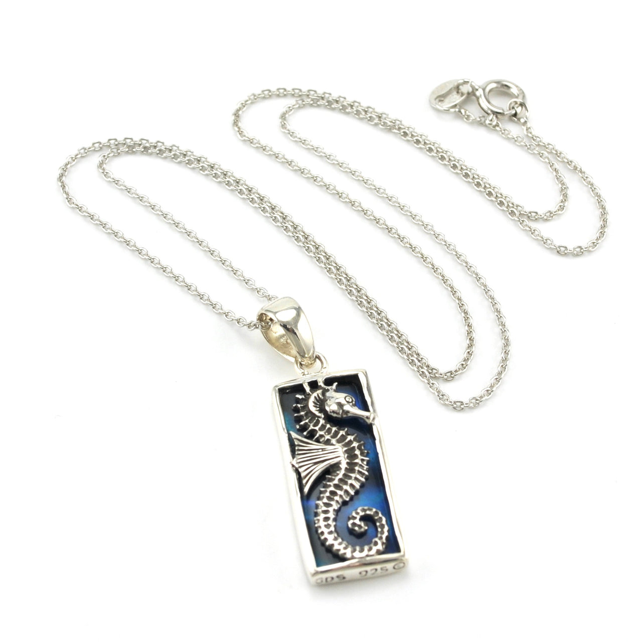 Sterling Silver Blue Abalone Seahorse Rectangle Necklace
