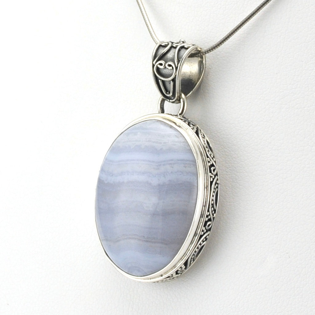 Sterling Silver Blue Lace Agate 20x27mm Oval Bali Pendant