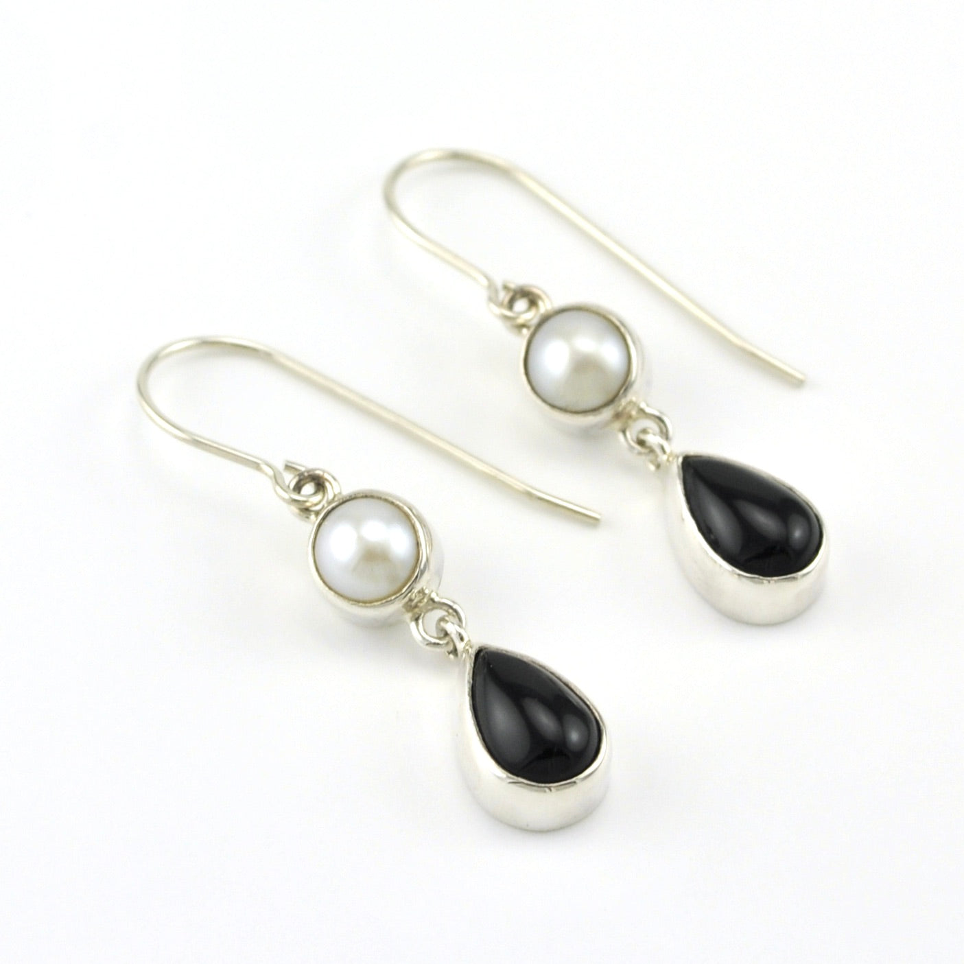 Sterling Silver Pearl Black Onyx Dangle Earrings