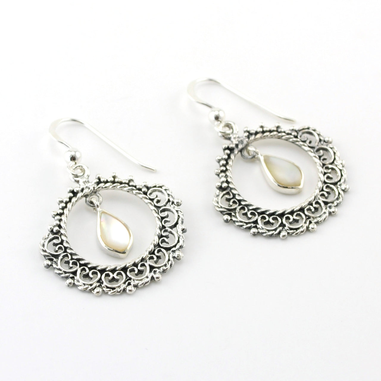 Sterling Silver Mother of Pearl Tear in Filigree Earrings