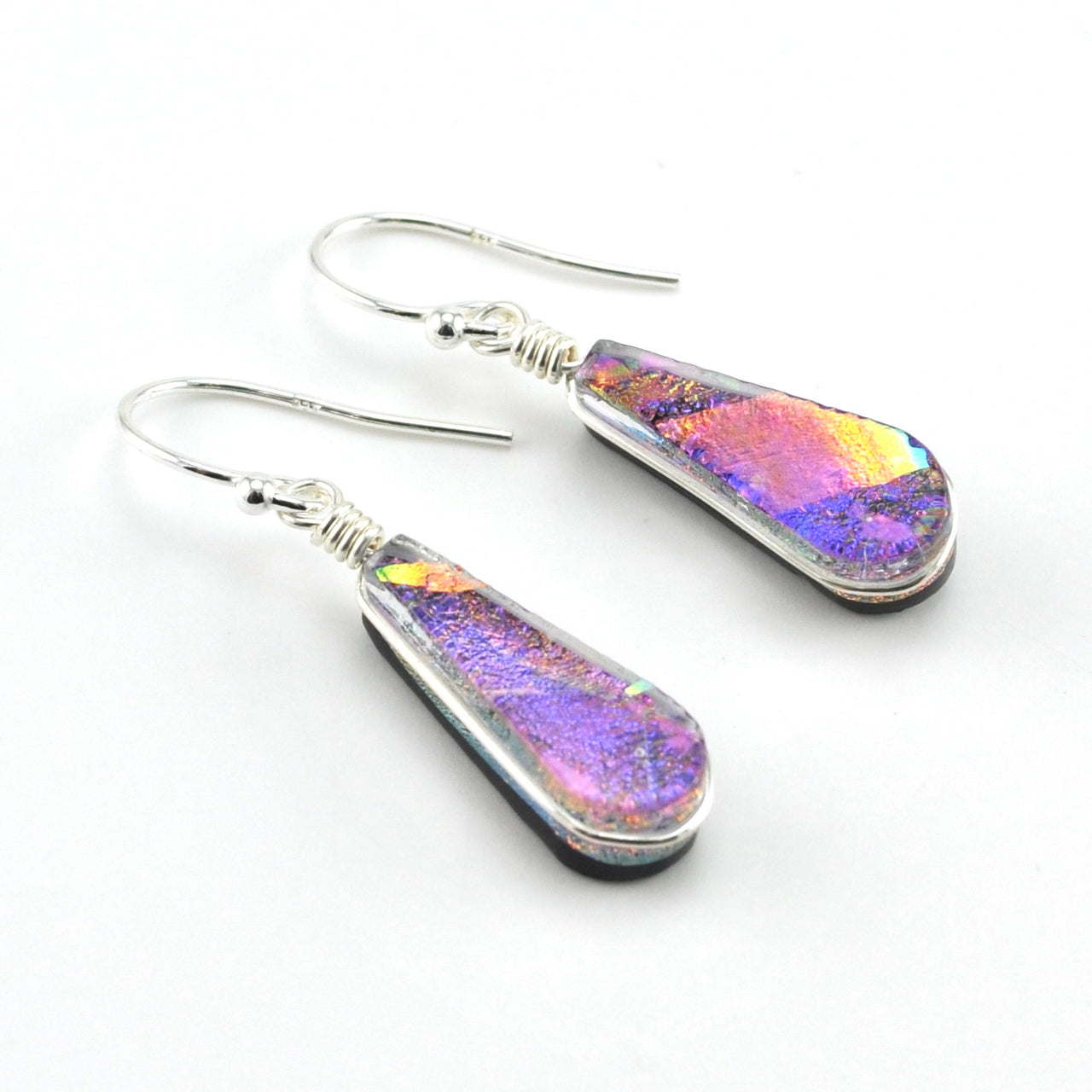 Sterling Silver Dichroic Glass Rainbow Purple Tear Dangle Earrings