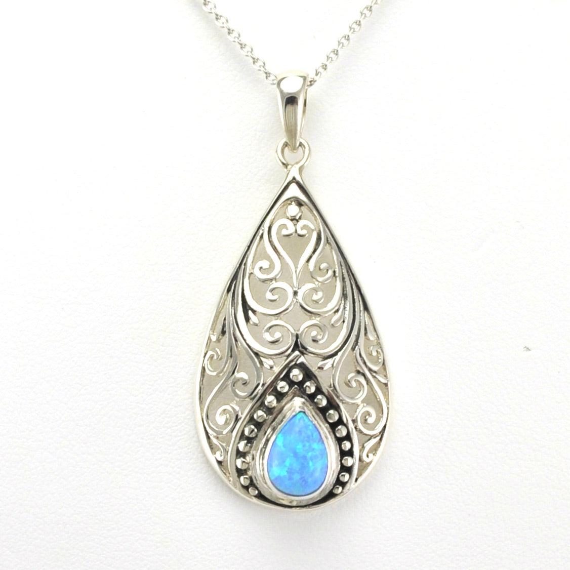 Alt View Sterling Silver Created Opal Blue Tear Bali Necklace