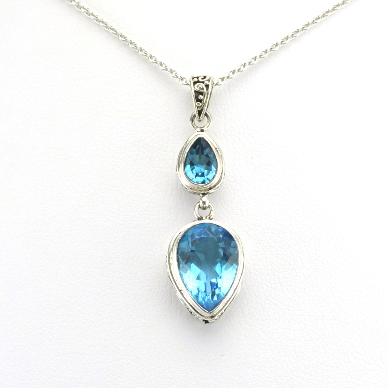 Alt View Sterling Silver Blue Topaz Pear Tear Bali Necklace
