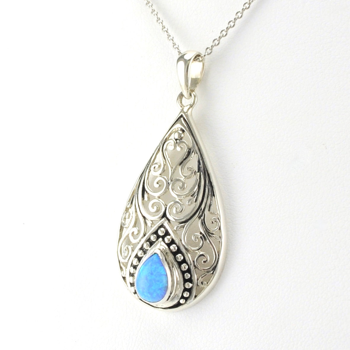Side View Sterling Silver Created Opal Blue Tear Bali Necklace