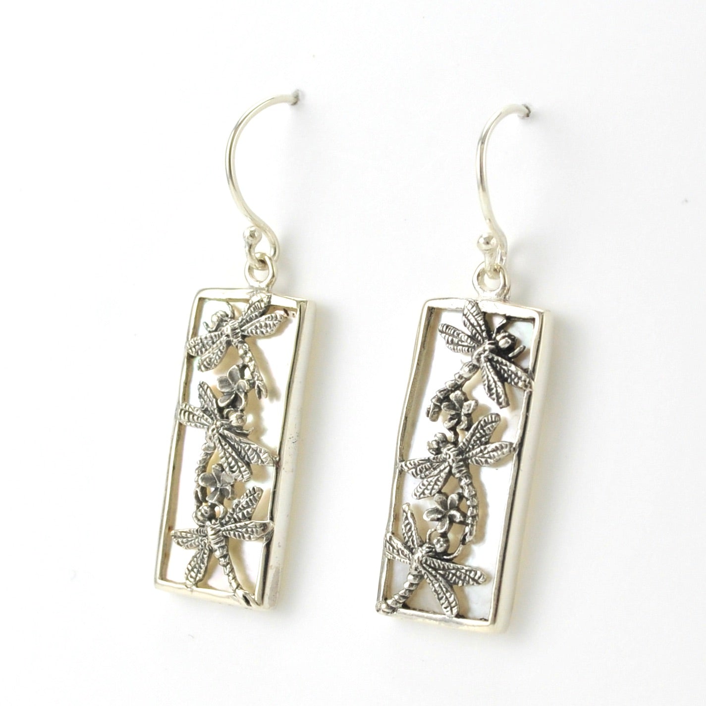 Side View Sterling Silver Mother of Pearl Dragonfly Rectangle Earrings