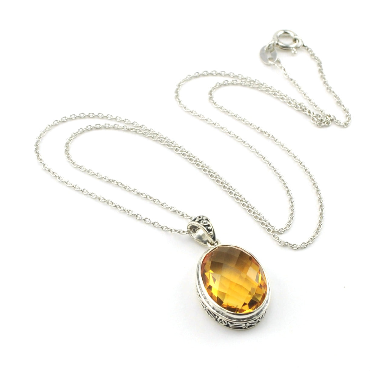 Sterling Silver Citrine 12x16mm Oval Bali Necklace