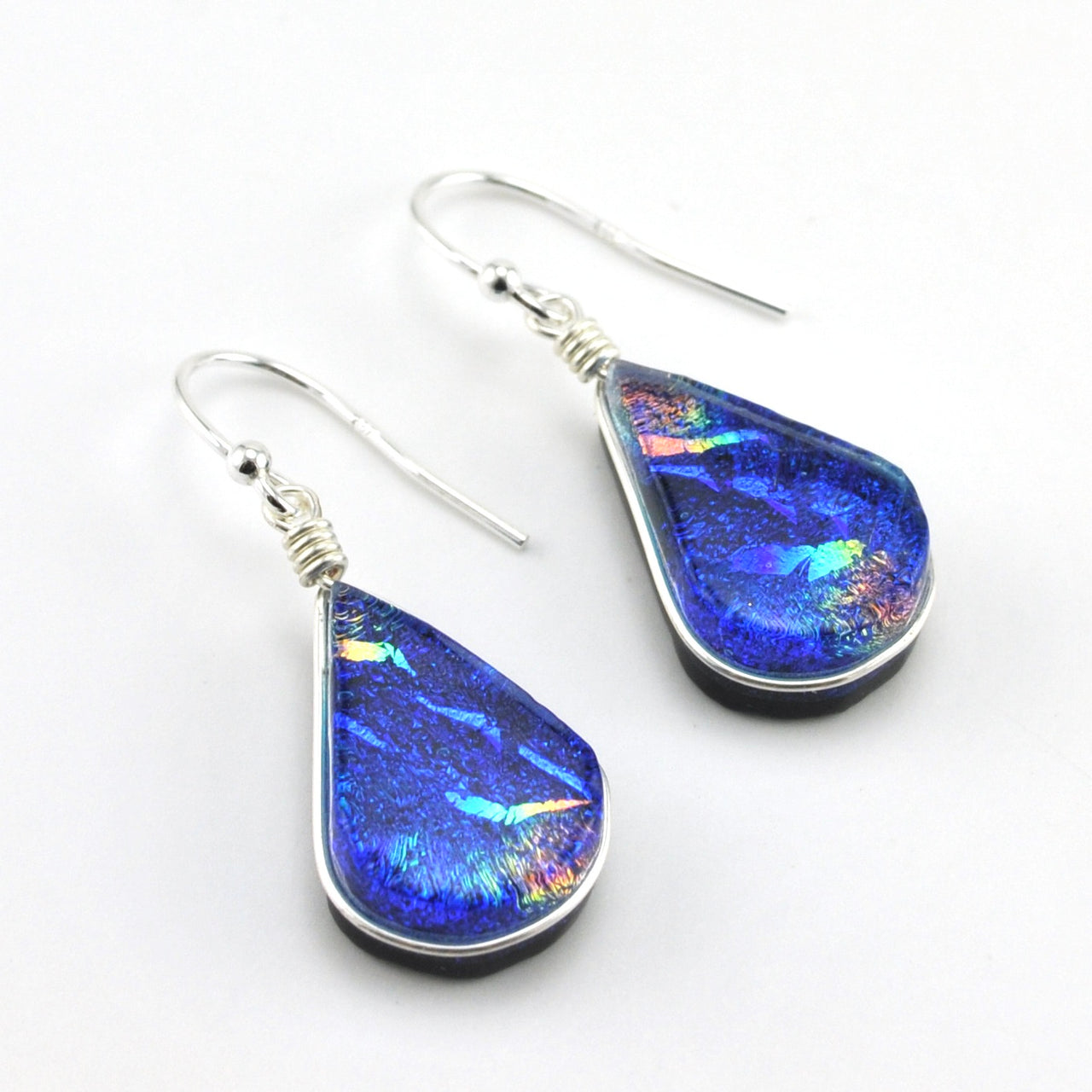 Sterling Silver Dichroic Glass Rainbow Blue Lotus Dangle Earrings