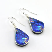 Sterling Silver Dichroic Glass Rainbow Blue Lotus Dangle Earrings