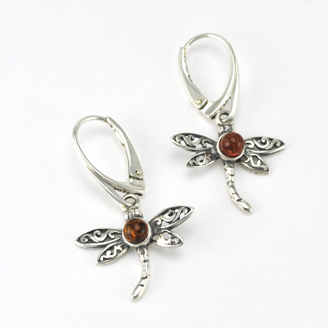 Sterling Silver Amber Dragonfly Dangle Earrings