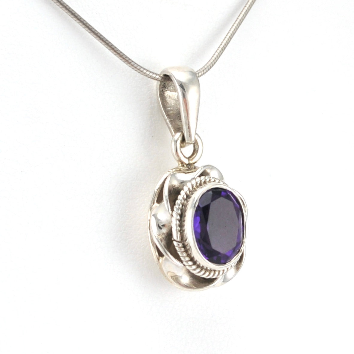 Side View Sterling Silver Amethyst 7x9mm Oval Ribbon Pendant