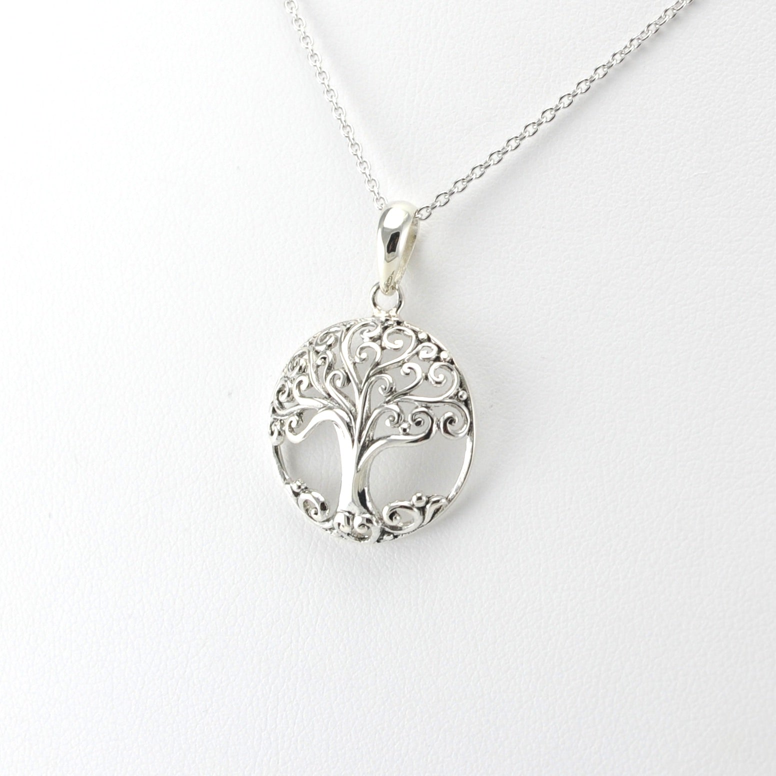 Side View Sterling Silver Tree Round Small Necklace