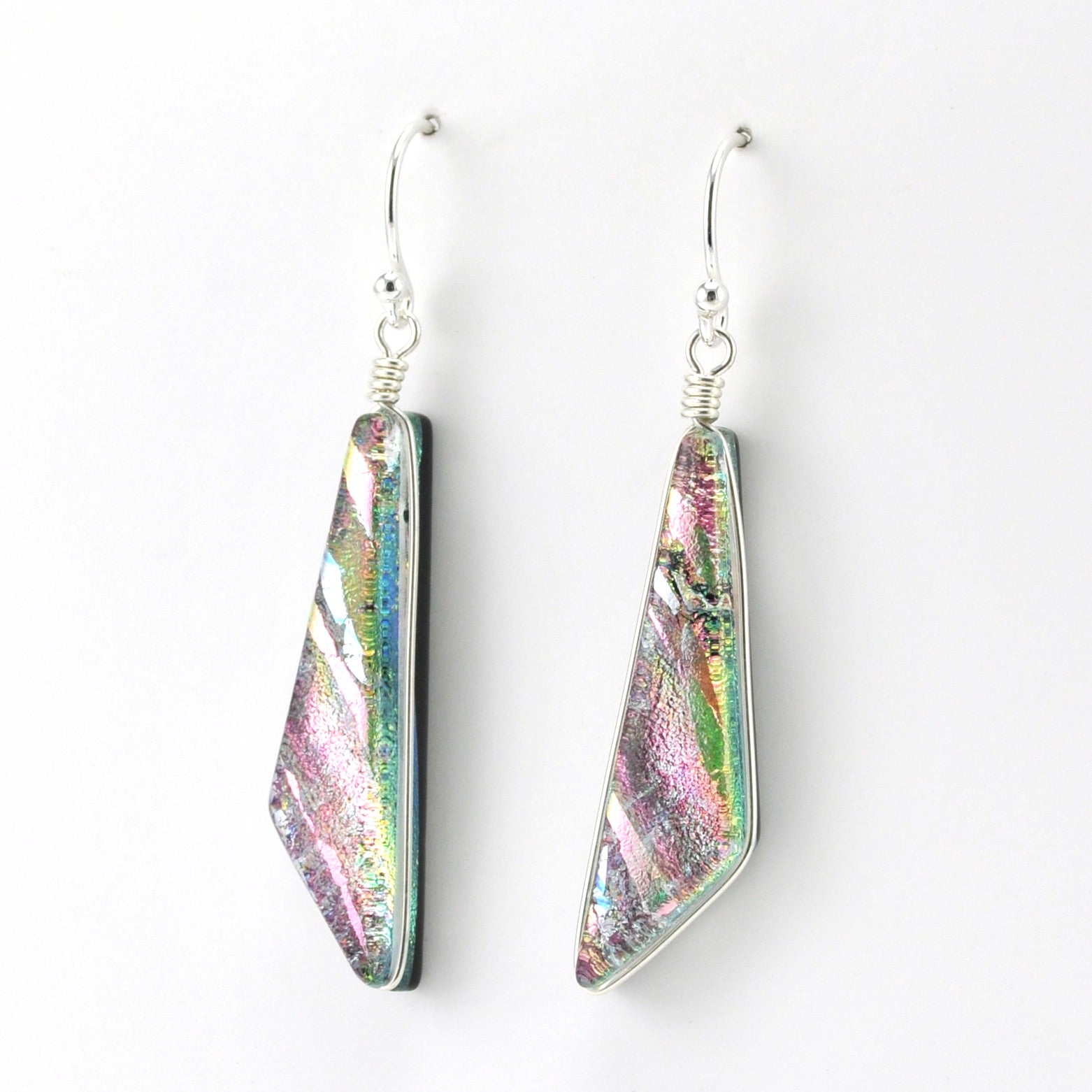 Side View Sterling Silver Dichroic Glass Pink Comet Dangle Earrings