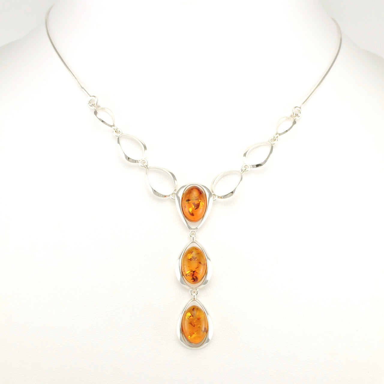 Alt View Sterling Silver 3 Oval Baltic Amber Drop Necklace with Open Ovals