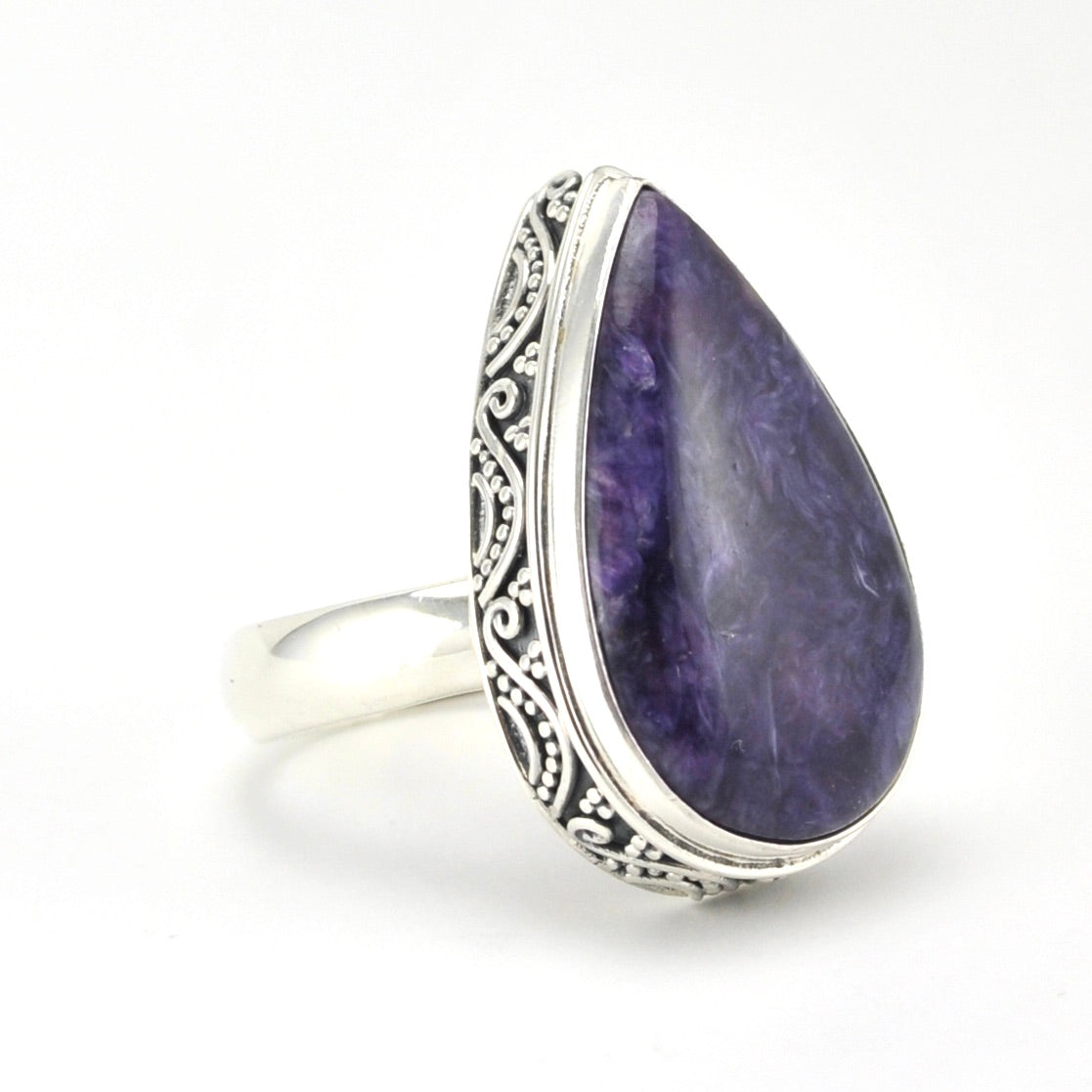 Side View Sterling Silver Charoite 15x24mm Tear Bali Ring