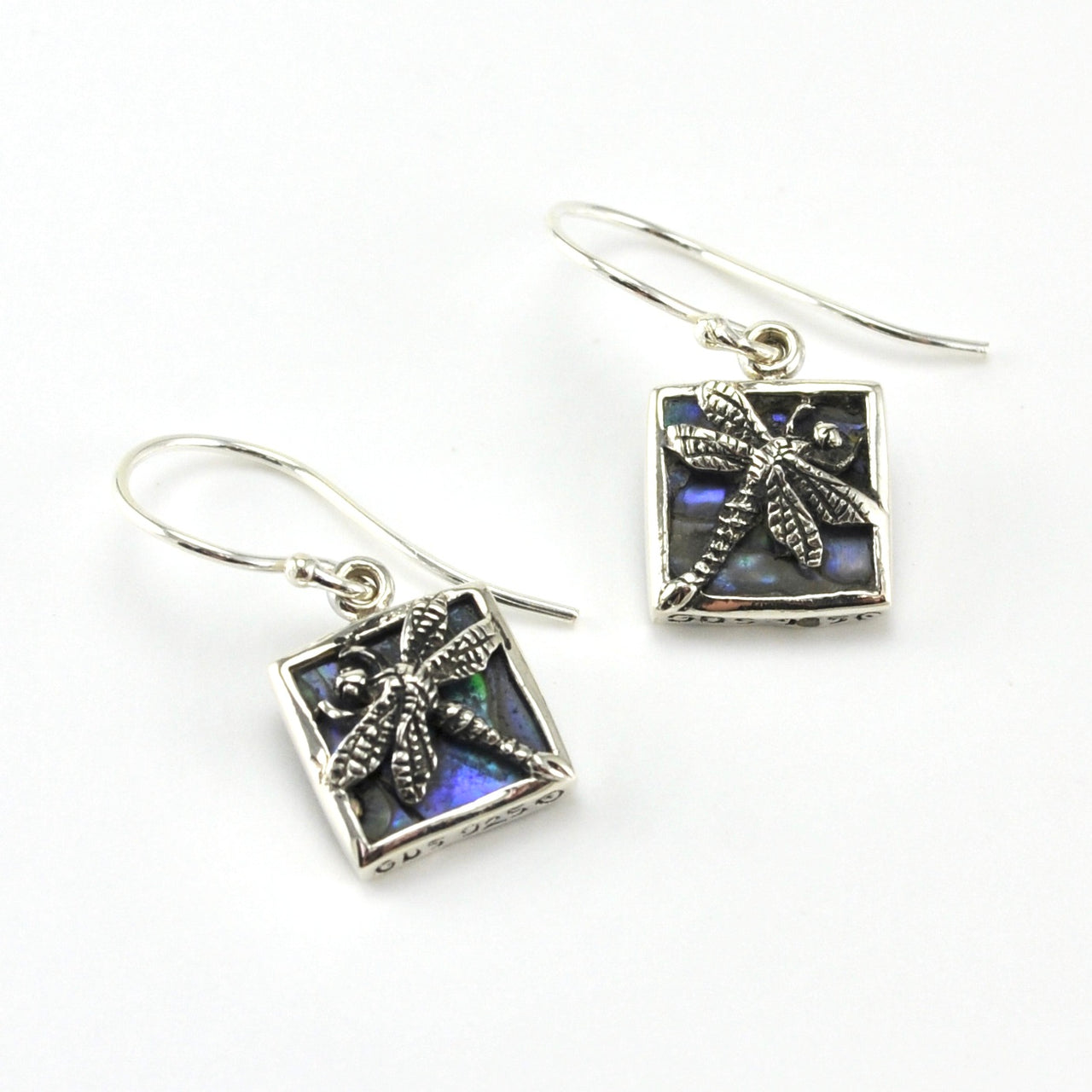 Sterling Silver Abalone Dragonfly Square Earrings