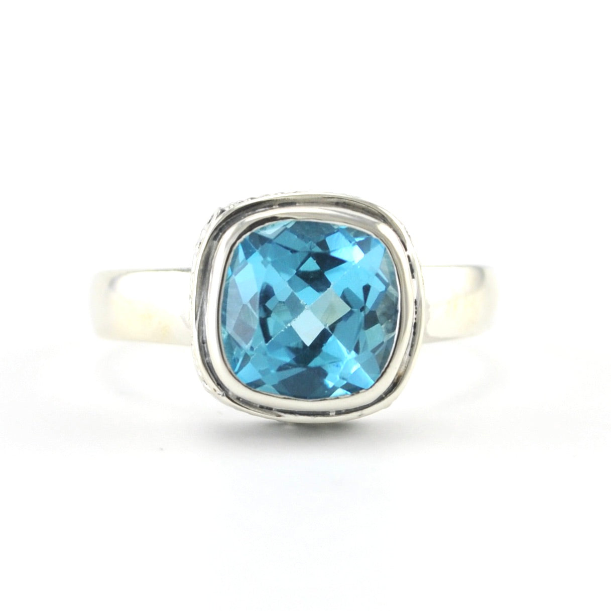 Alt View Sterling Silver Blue Topaz 8mm Square Bali Ring