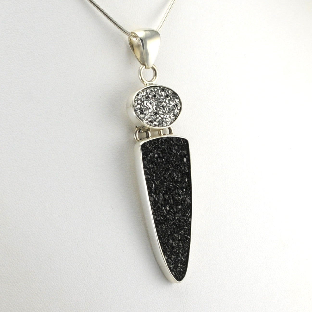 Side View Sterling Silver Platinum and Black Druzy Agate Pendant