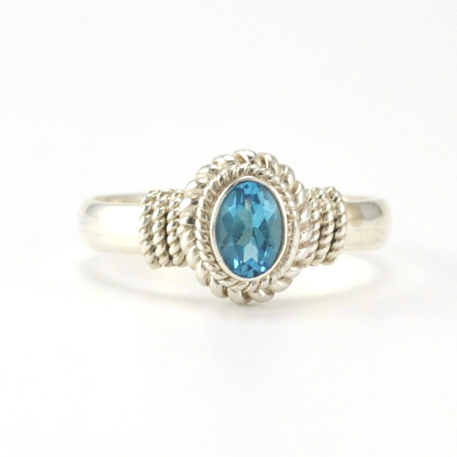Sterling Silver Blue Topaz 4x6mm Oval Rope Ring
