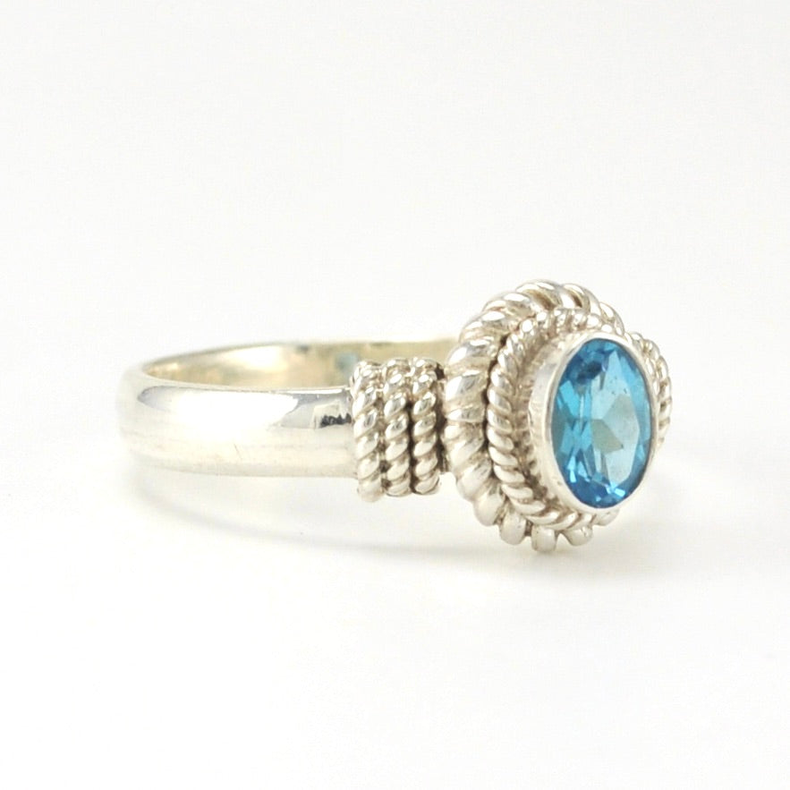 Side View Sterling Silver Blue Topaz 4x6mm Oval Rope Ring