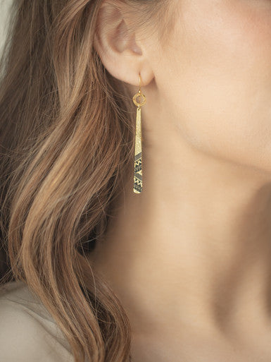 Model View Gold Willow Weave Stick Earrings