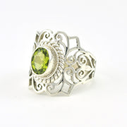 Side View Silver Peridot 6x8mm Wide Filigree Oval Ring
