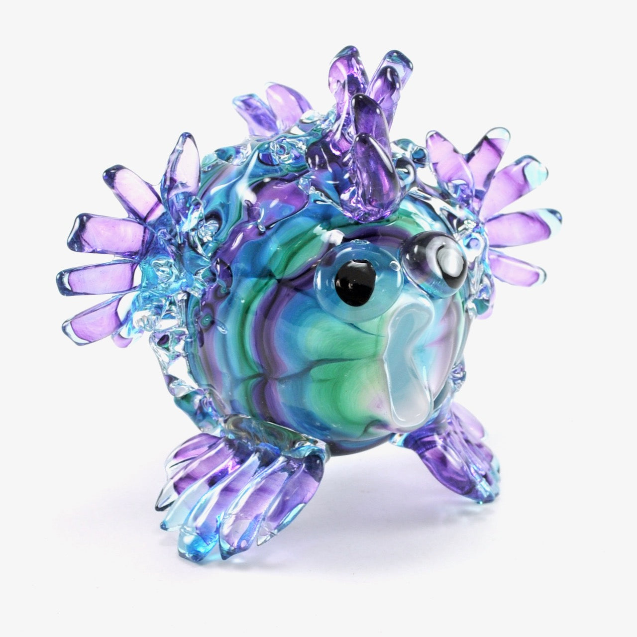 Mini Aqua Green and Purple Glass Puffer Fish