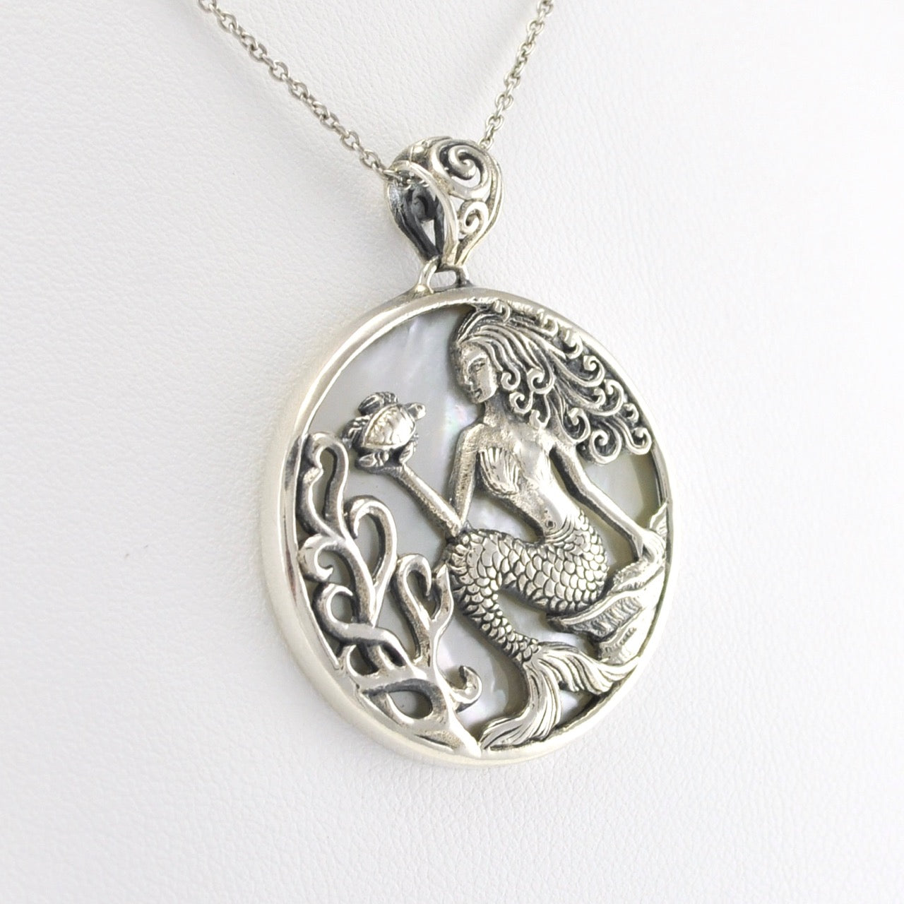Side View Silver Mother of Pearl Mermaid Pendant