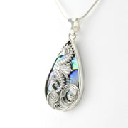 Side View Silver Abalone Tear Seahorse Pendant