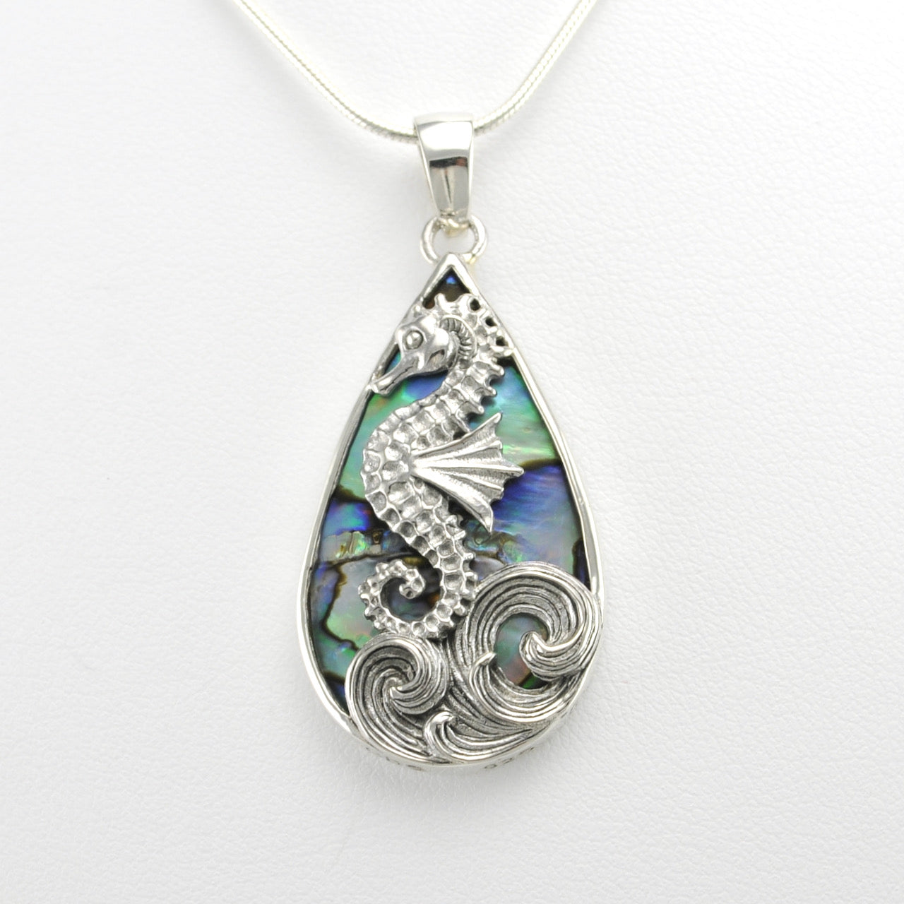 Silver Abalone Tear Seahorse Pendant