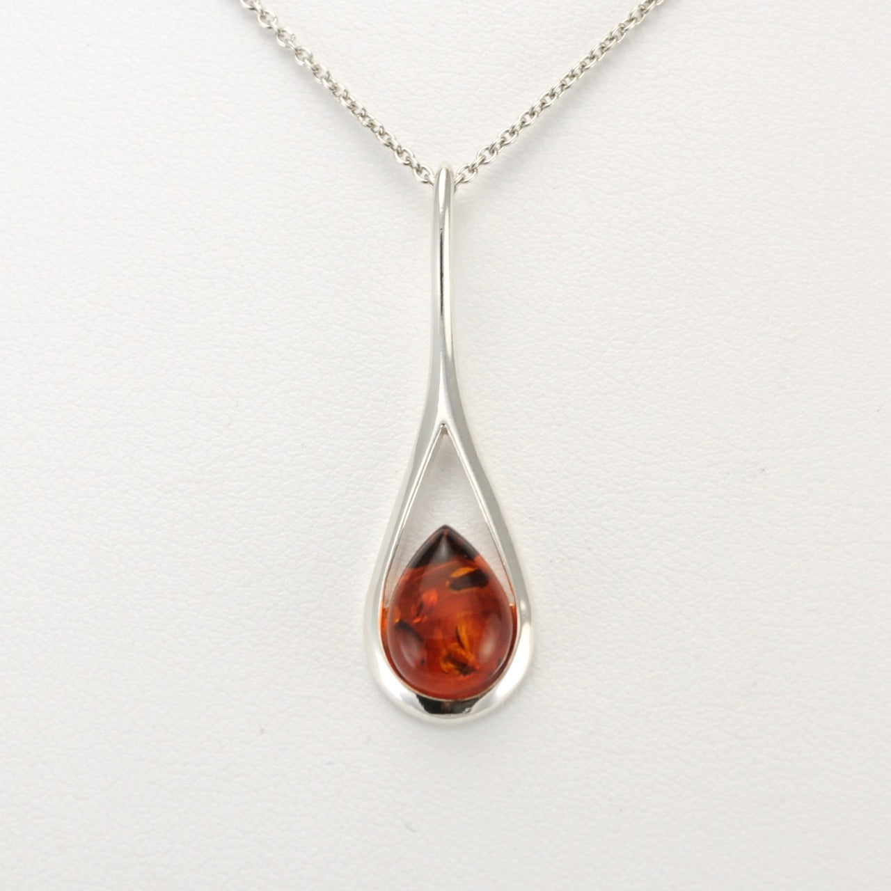 Alt View Silver Baltic Amber Elongated Tear Necklace