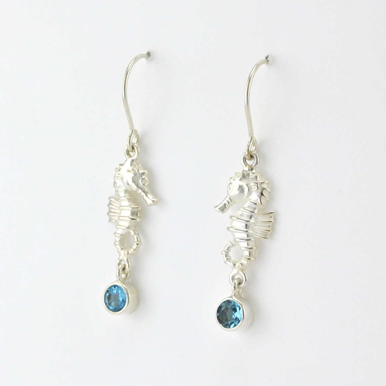 Side View Silver Seahorse with Blue Topaz Earrings