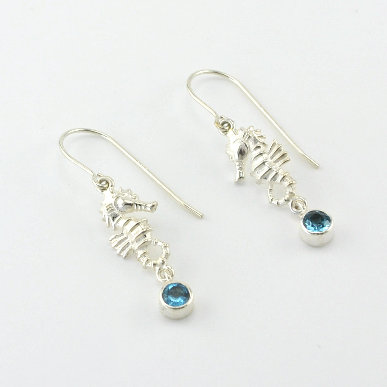 Alt View Silver Seahorse with Blue Topaz Earrings