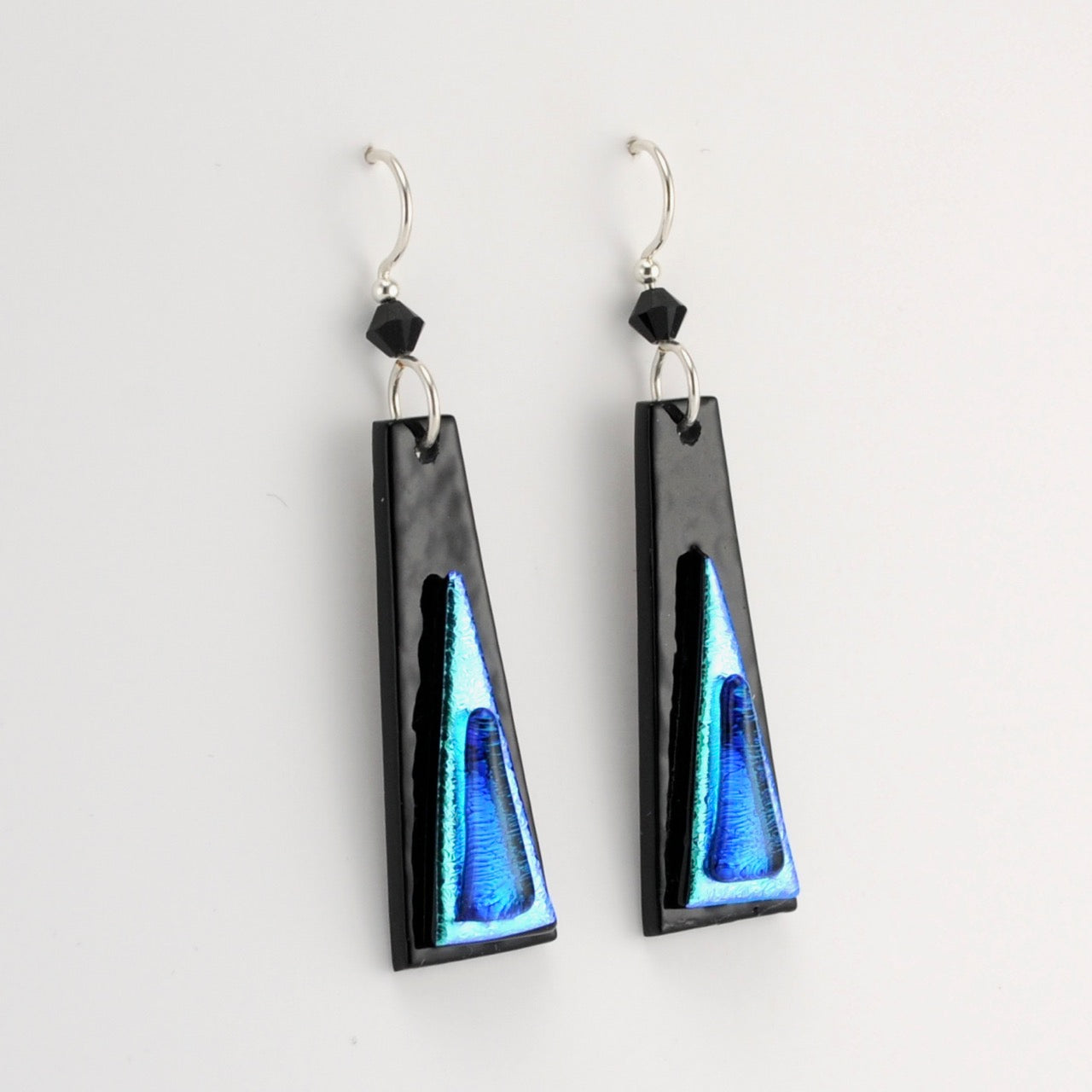 Side View Electric Blue Fused Glass Elongated Trapezoid Earrings