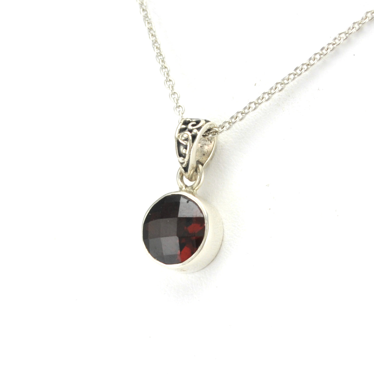 Side View Silver Garnet 8mm Round Bali Necklace