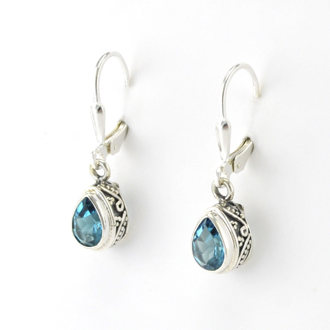 Silver Blue Topaz 5x7mm Tear Bali Dangle Earrings