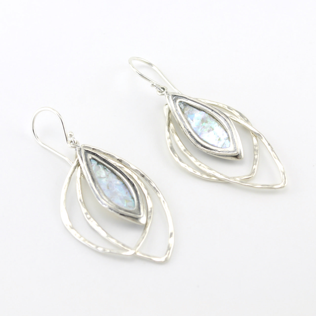 Silver Roman Glass Triple Marquise Dangle Earrings