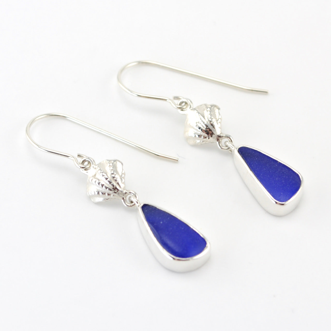 Side View Silver Seashell Cobalt Sea Glass Earrings