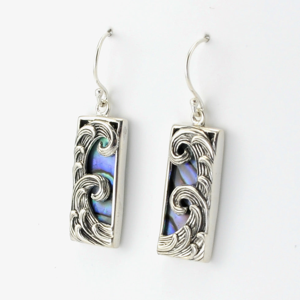 Sterling Silver Abalone Rectangle Wave Earrings