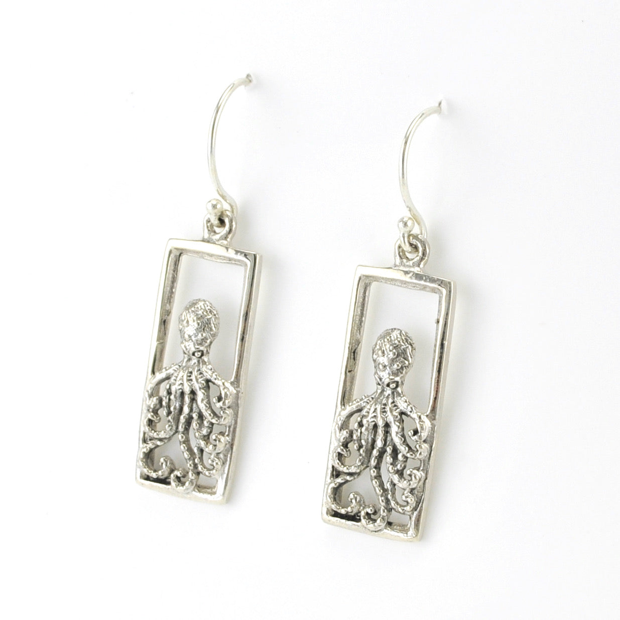 Side View Silver Octopus Rectangle Earrings