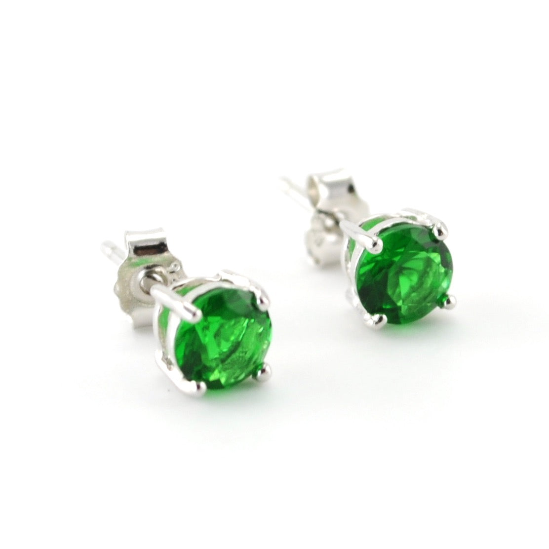 Side View Silver CZ Emerald 5mm Post Earrings