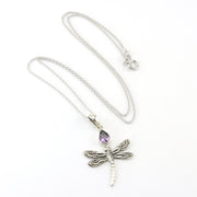 Side View Sterling Silver Amethyst Dragonfly Necklace