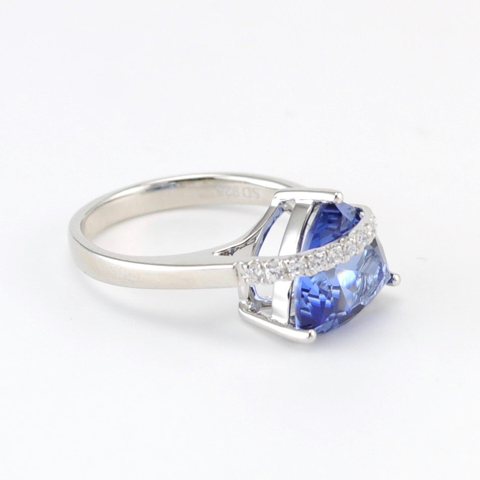 Side View Sterling Silver Created Blue Sapphire 4.2ct Tri CZ Ring