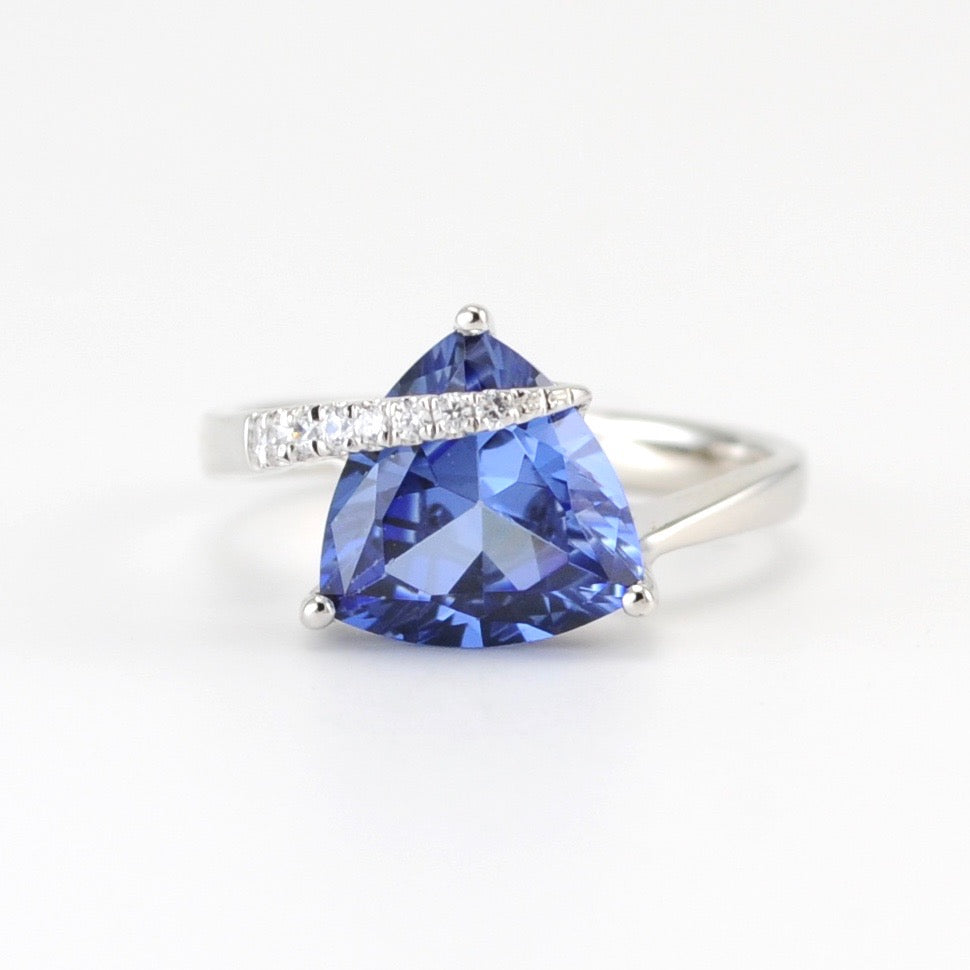 Sterling Silver Created Blue Sapphire 4.2ct Tri CZ Ring
